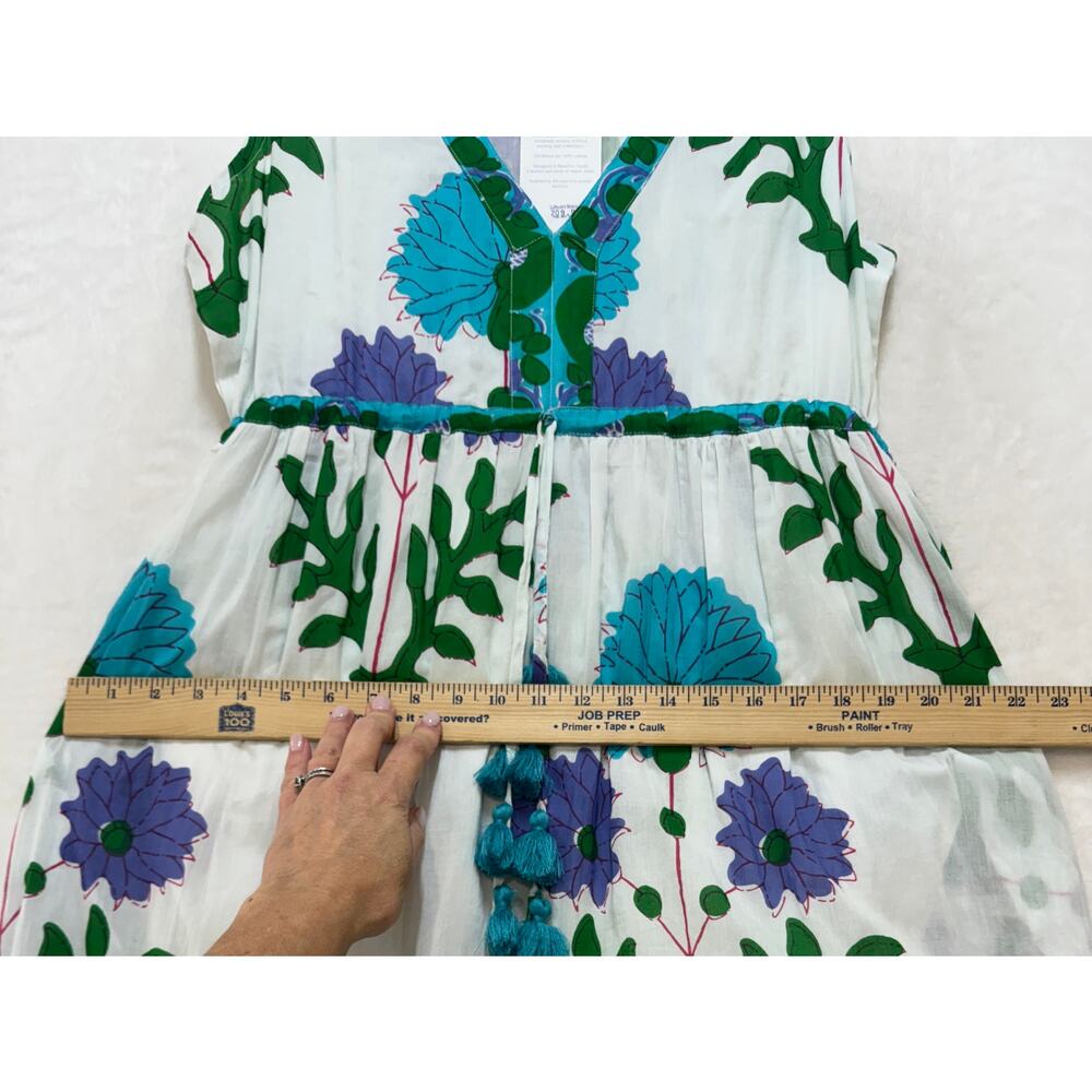 La Plage Maxi Dress Size M White Blue Purple Floral Print Tassel Tie Waist Boho - Picture 12 of 16
